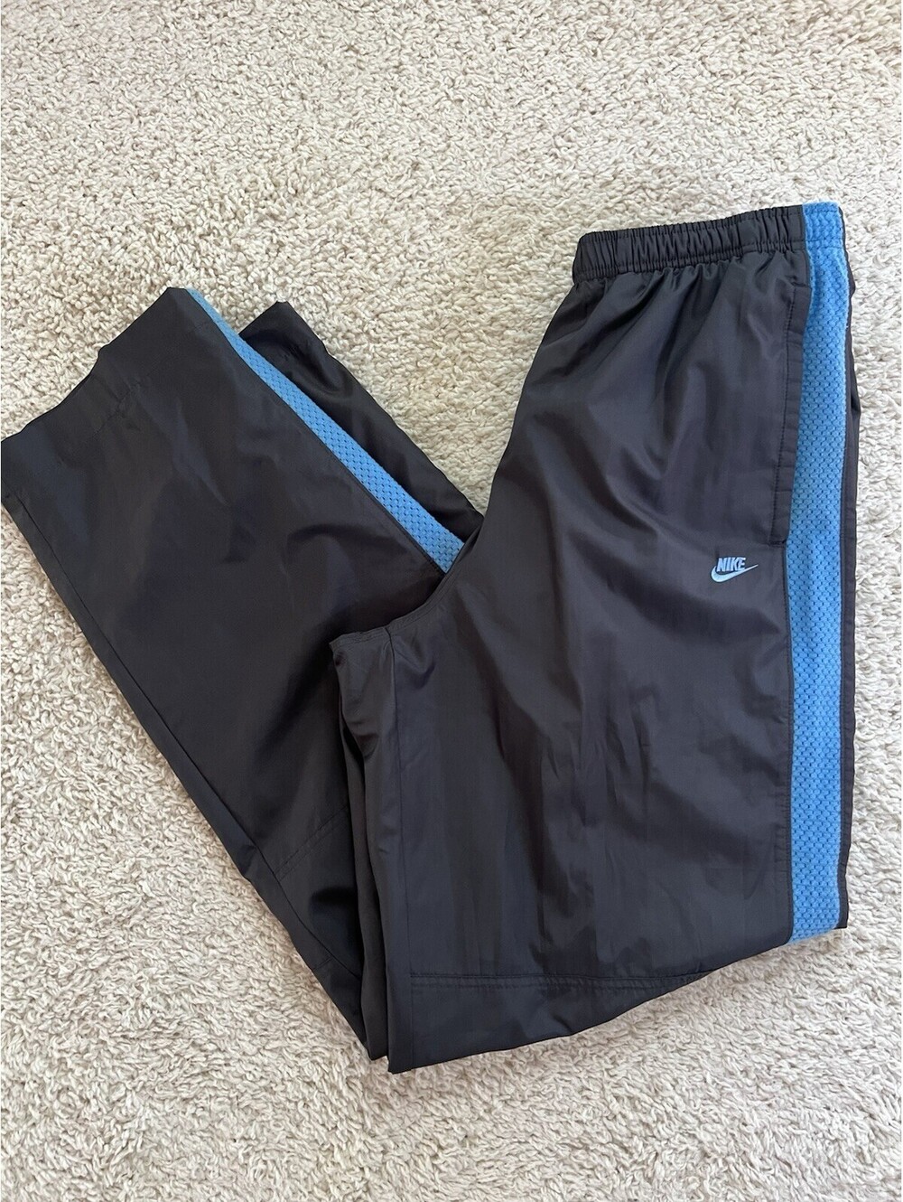Nike Track Pants Y2K Vintage Size Large Lined Gray with Blue Stripes Ankle Zip